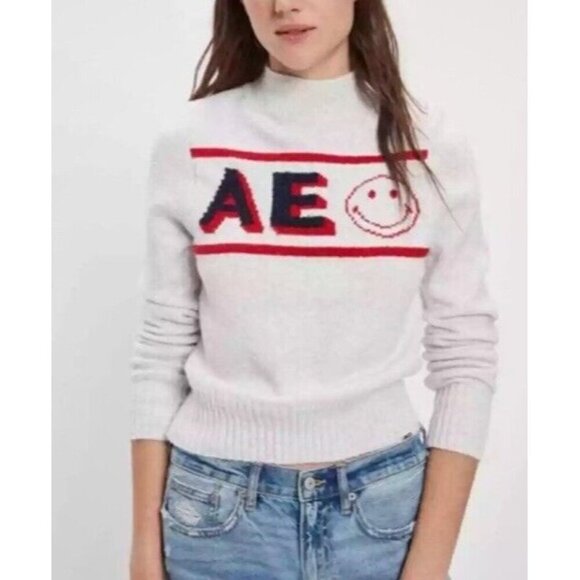 NWT American Eagle Outfitters Gray Smiley Graphic Mock Neck Sweater Medium M - Picture 2 of 10